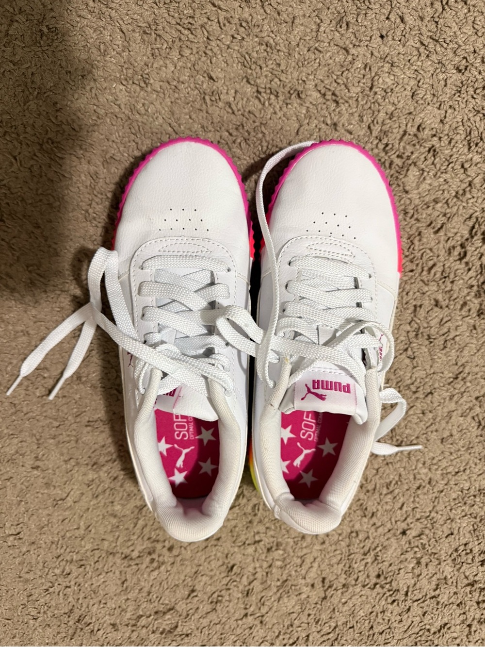 Puma White Low-Top Sneakers with Pink-Orange-Yellow Ombre Sole - Picture 2 of 5